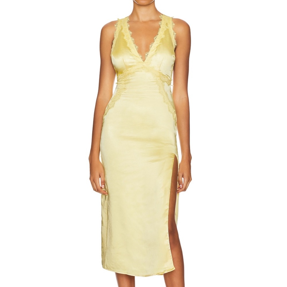 More To Come Yellow Lace-Trim Satin Slip Dress